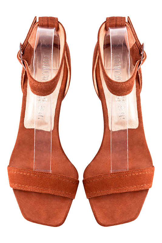 Terracotta orange women's closed back sandals, with a strap around the ankle. Square toe. Medium comma heels. Top view - Florence KOOIJMAN